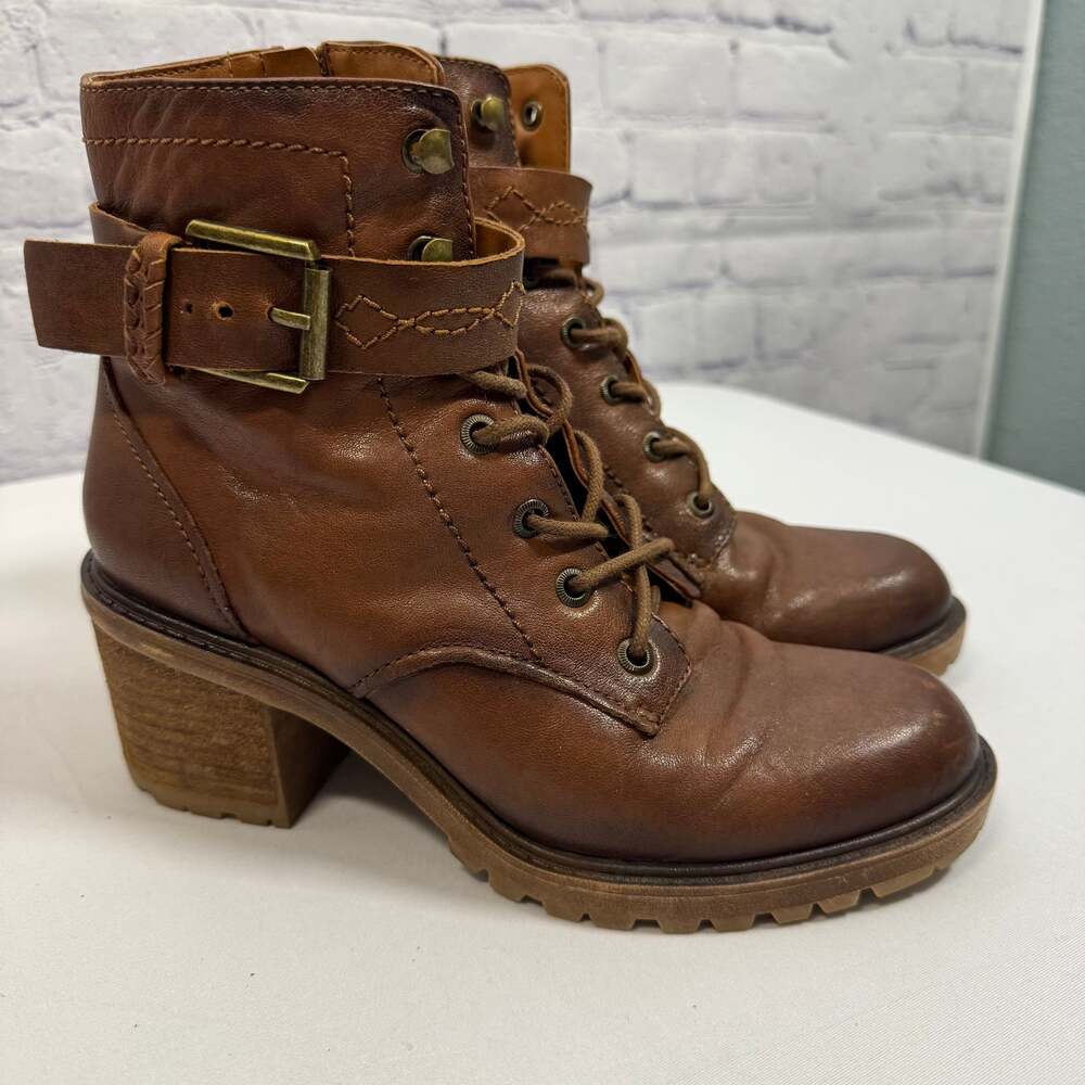 Zodiac Gemma Women's Cognac Leather Lace-Up Block Heel Combat Boots